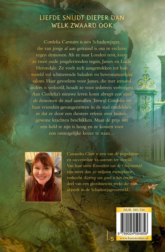 Achterkant boek 'Ketting van goud' met foto van Cassandra Clare.