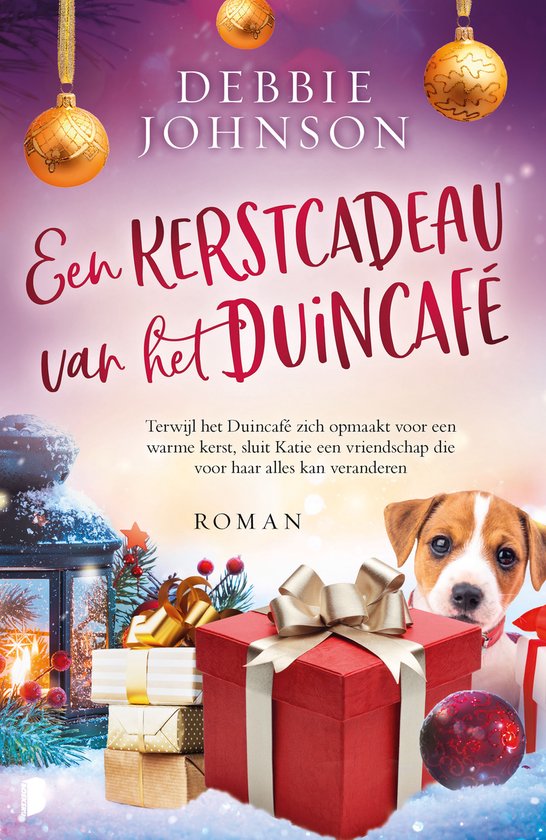 Boekcover met kerstversieringen, cadeaus en een hondje. Titel: Een kerstcadeau van het Duincafé.