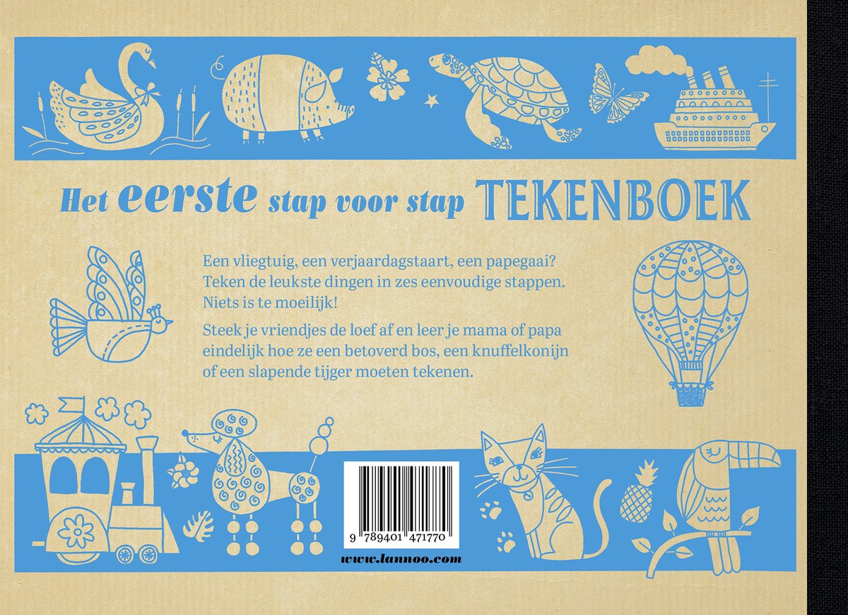 Blauwe illustraties van dieren, een heteluchtballon en de tekst 'Het eerste stap voor stap TEKENBOEK' op karton.