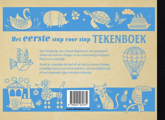Blauwe illustraties van dieren, een heteluchtballon en de tekst 'Het eerste stap voor stap TEKENBOEK' op karton.