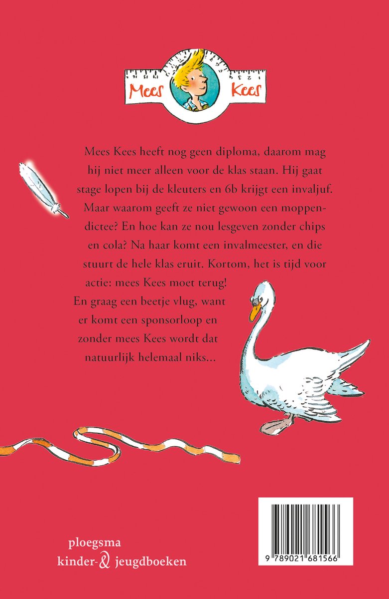 Achterkant van het boek "Mees Kees De sponsorloop" met tekst en een illustratie van een gans.