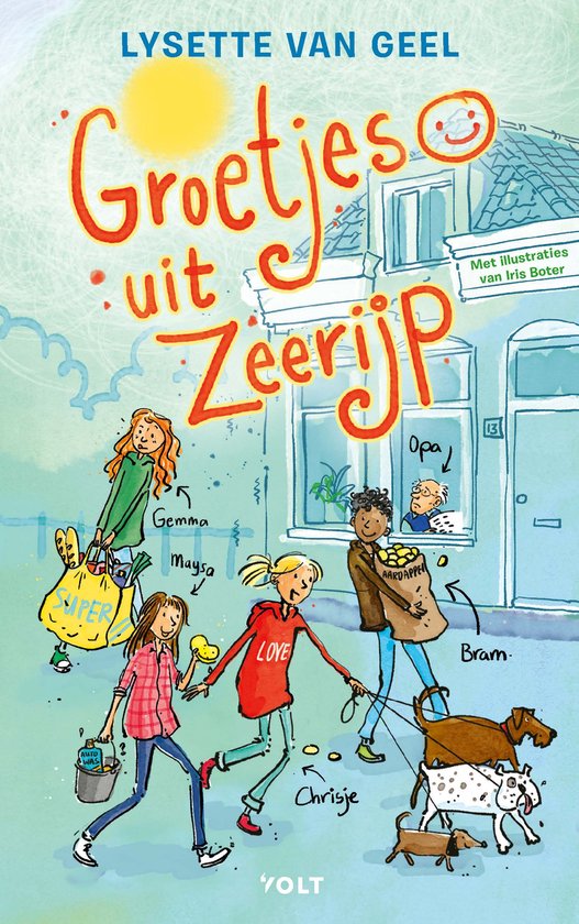 Illustratie van een groep kinderen met tassen en honden voor een huis, met de tekst 'Groetjes uit Zeerijp'.