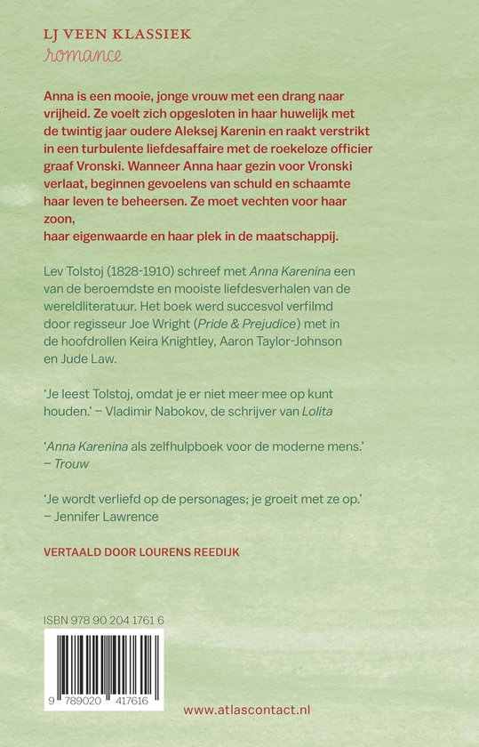 Boekkaft met tekst. Titel: LJ VEEN KLASSIEK romance. Synopsis van Anna Karenina door Lev Tolstoj.