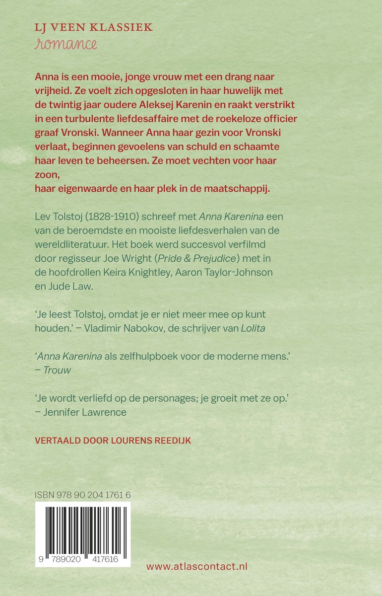 Boekkaft met tekst. Titel: LJ VEEN KLASSIEK romance. Synopsis van Anna Karenina door Lev Tolstoj.