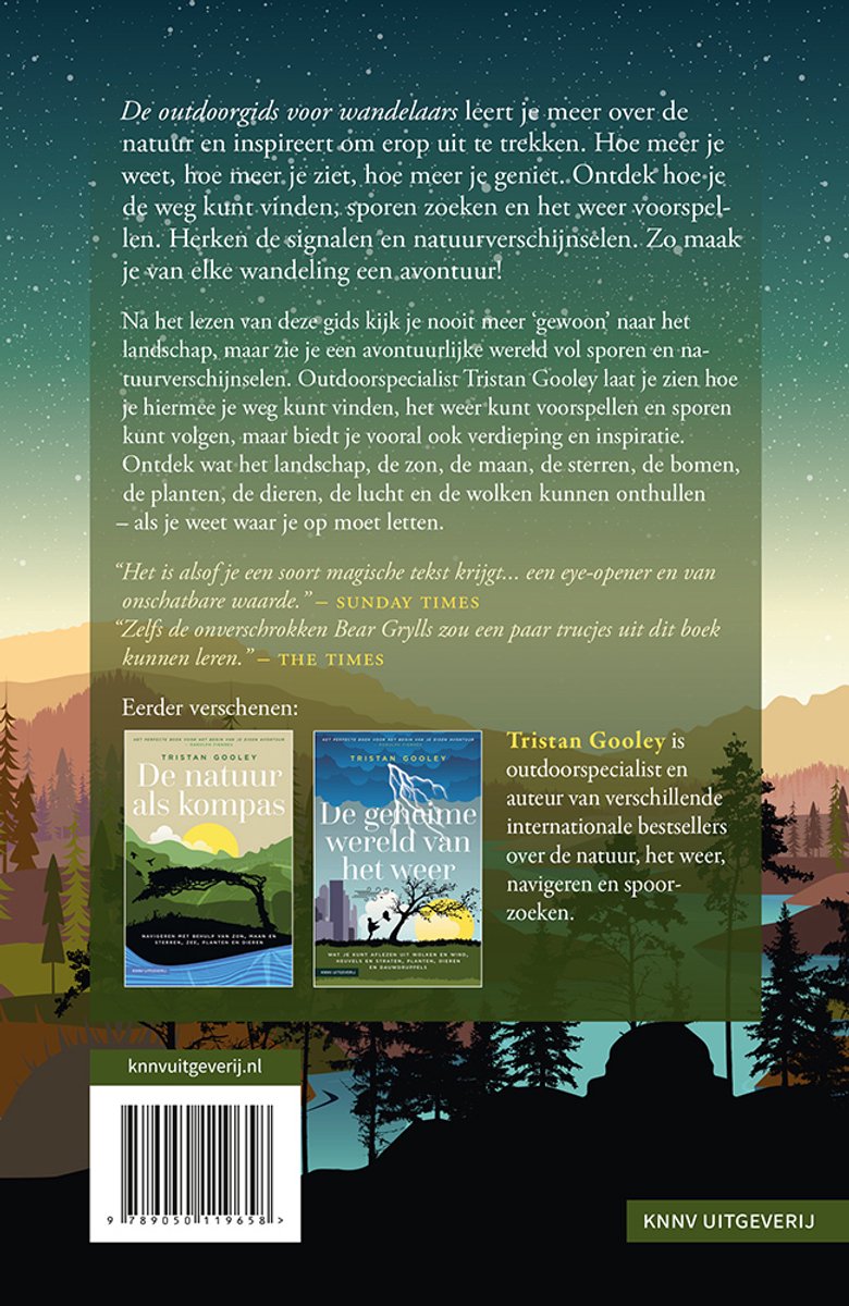 Achterkant van het boek "De outdoor gids voor wandelaars" door Tristan Gooley, met tekst en afbeeldingen van andere boeken.