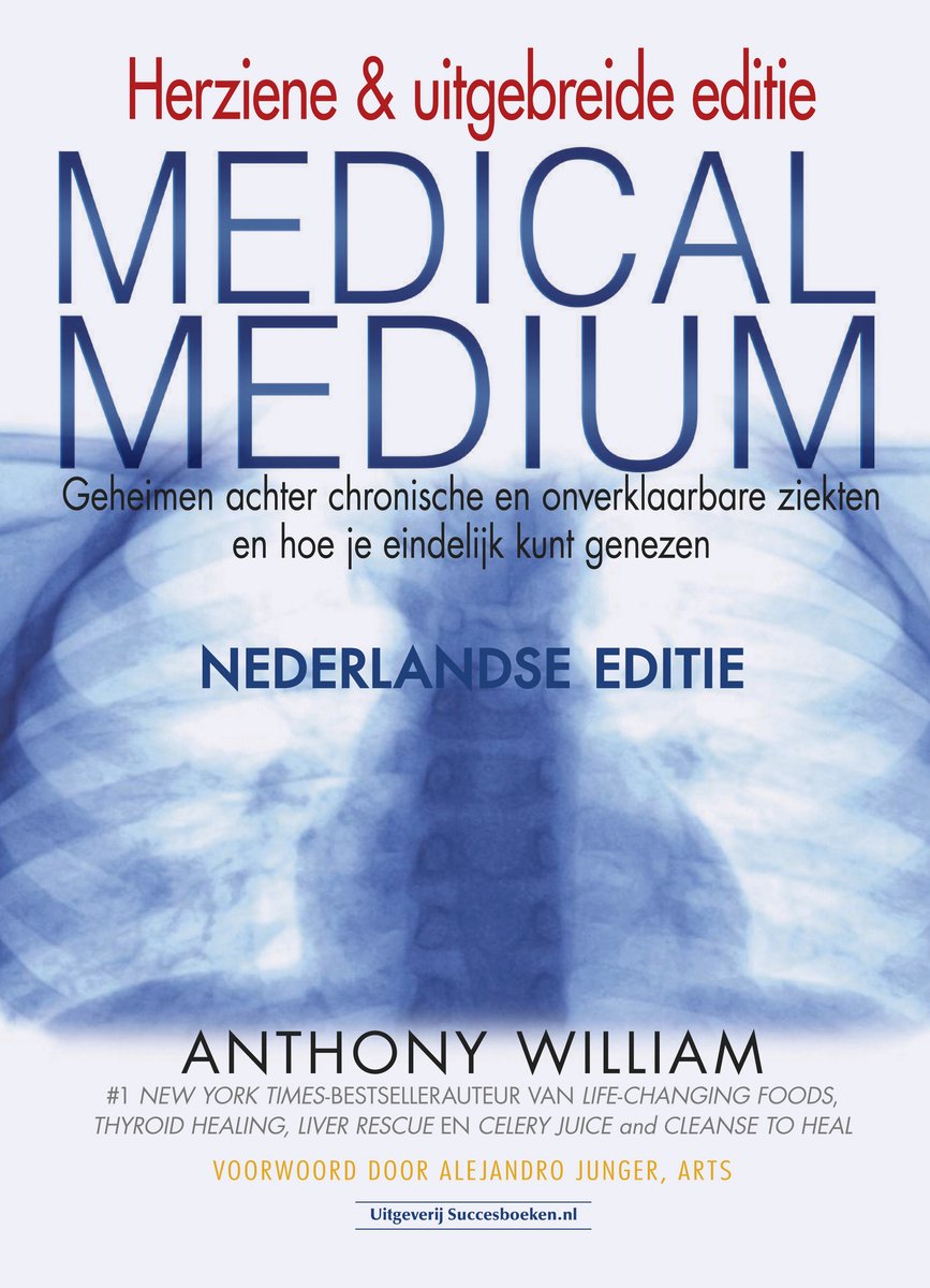 Voorzijde van "Medical Medium"-boek met röntgenfoto van borstkas en titel.