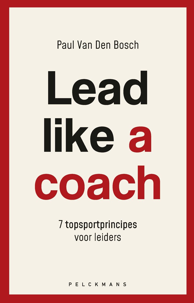 Boek "Lead like a coach" met rode letters op een crème achtergrond.