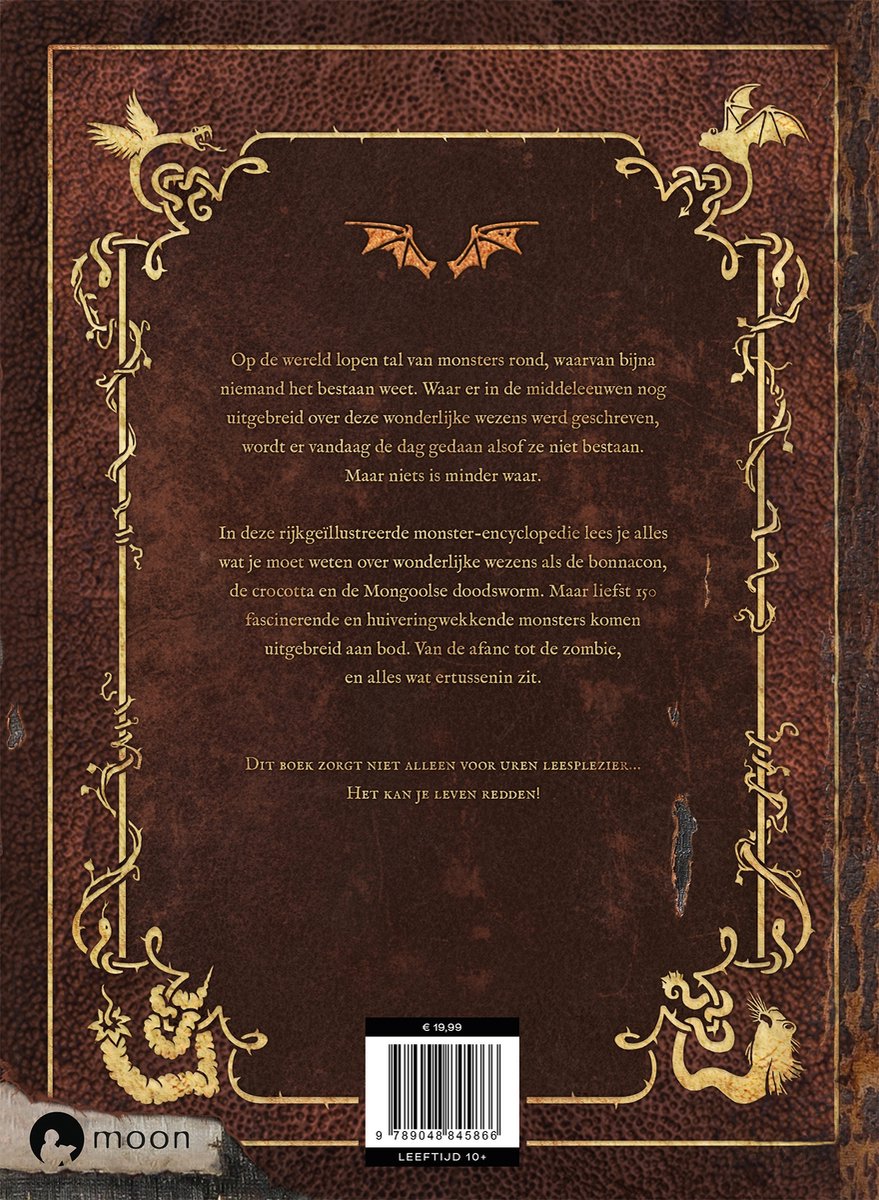Boekomslag met bruine textuur en gouden ornamenten. Tekst in het Nederlands over monsters. Einde van het boek met ISBN.
