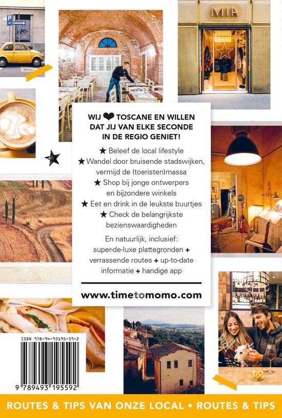 Cover van 'time to momo Toscane' met collage van steden, eten en mensen.