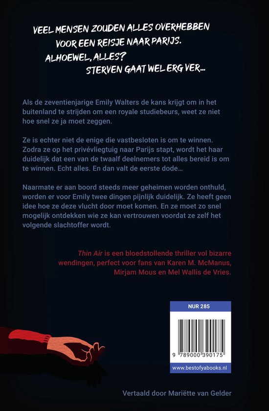 Achterkant boek met een hand en tekst: 'Veel mensen zouden alles overhebben voor een reis naar Parijs. Alhoewel, alles? Sterven gaat wel erg ver...', 'Thin Air', barcode en 'www.bestofyabooks.nl'.