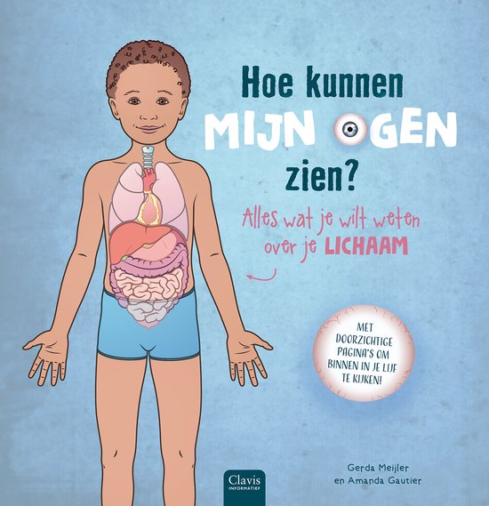 Illustratie van een jongen die de organen van het lichaam toont. Tekst: 'Hoe kunnen mijn ogen zien?' en 'Alles wat je wilt weten over je LICH AAM'.