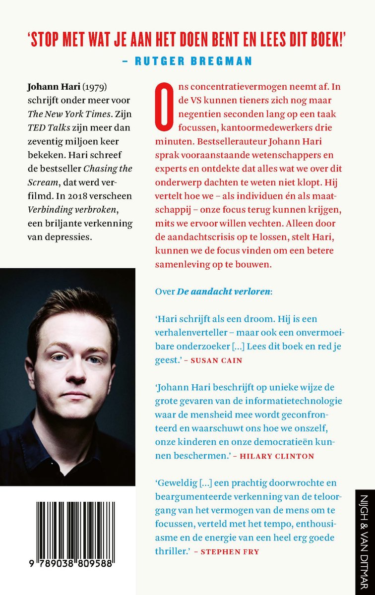 Ruggengraat van het boek met de titel 'De aandacht verloren'. Achtergrond met witte tekst en portret van een man.