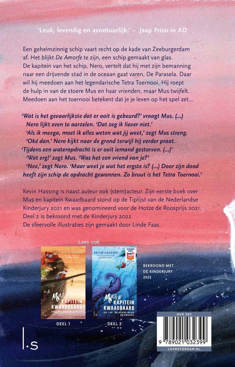 Achterkant boekcover van 'Mus en Kapitein Kwaadbaard 3'. Toont tekst en twee kleinere afbeeldingen van de voorgaande delen.