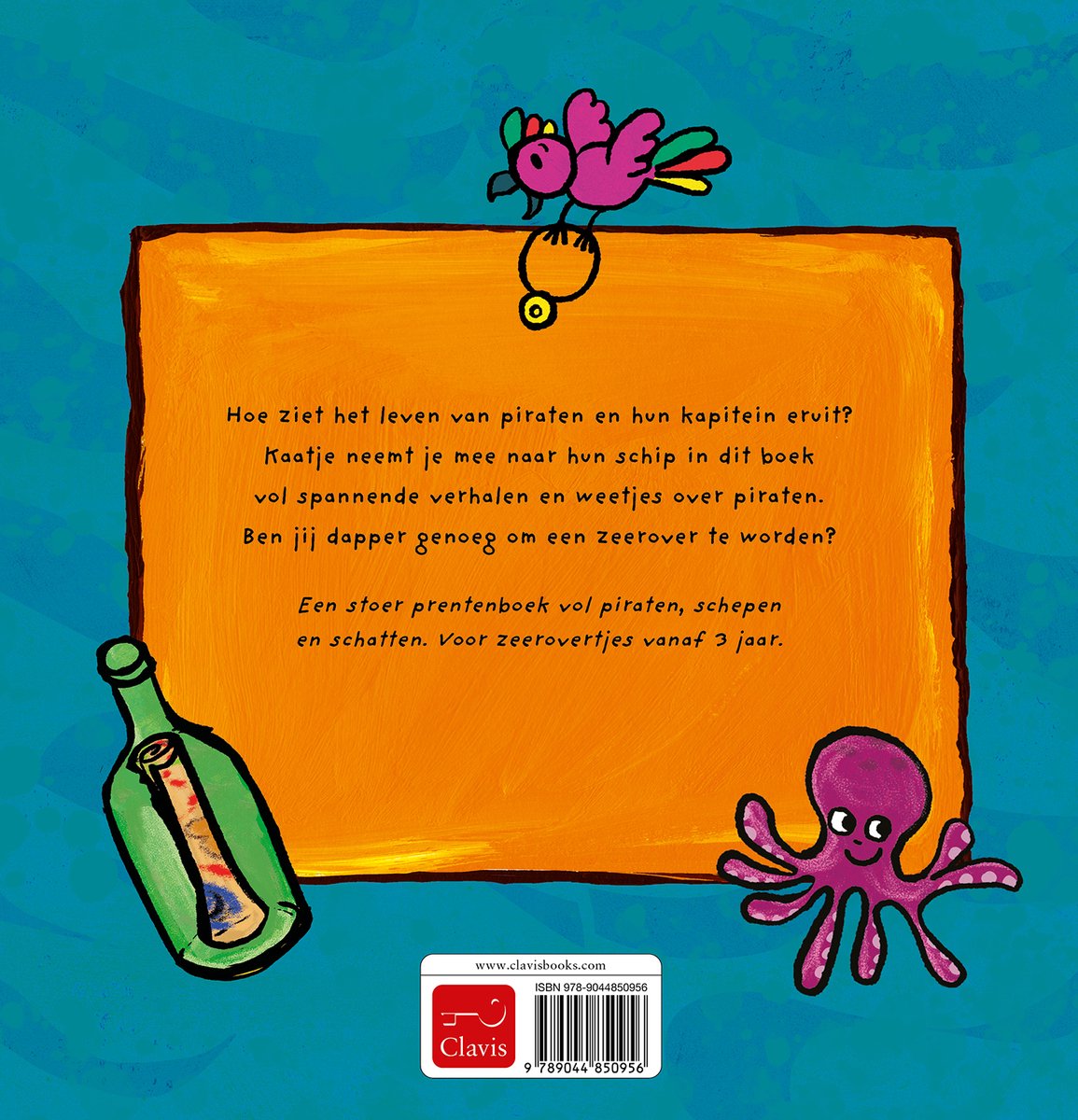 Een oranje kader met tekst over piraten en een octopus, fles en vogel.