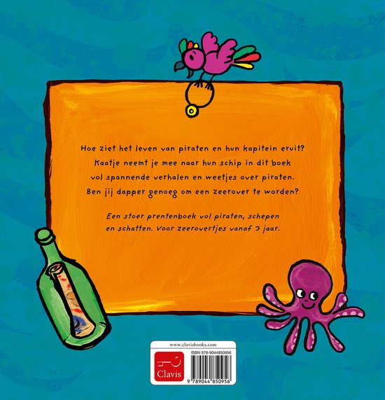 Een oranje kader met tekst over piraten en een octopus, fles en vogel.