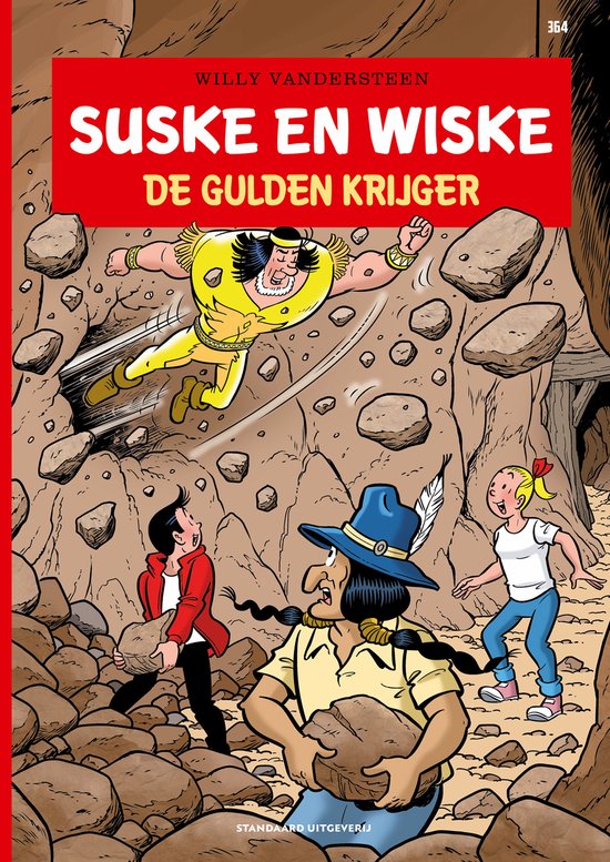 Suske en Wiske 364 - De gulden krijger. Een indianenjongen in gele kledij vliegt, Suske draagt een steen, Wiske kijkt toe.