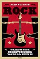 Poster met de tekst "FLIP VUIJSJE ROCK WAAROM ROCK DE BESTE MUZIEK VAN DE 20E EEUW IS" en een elektrische gitaar op een rode achtergrond met pijlen en sterren.