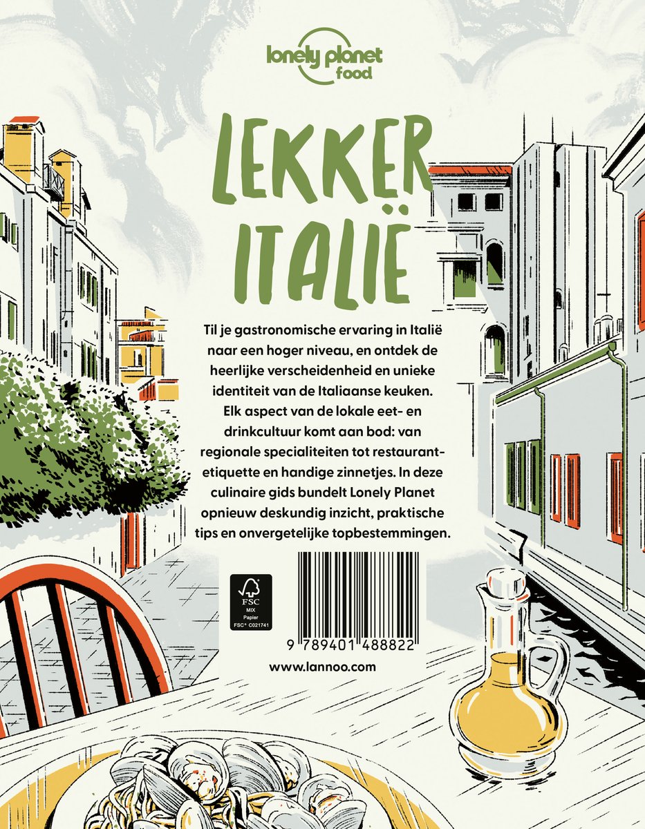 Achterkant boek 'Lekker Italië' met illustratie van Venetië, een tafel met eten en een fles olijfolie.