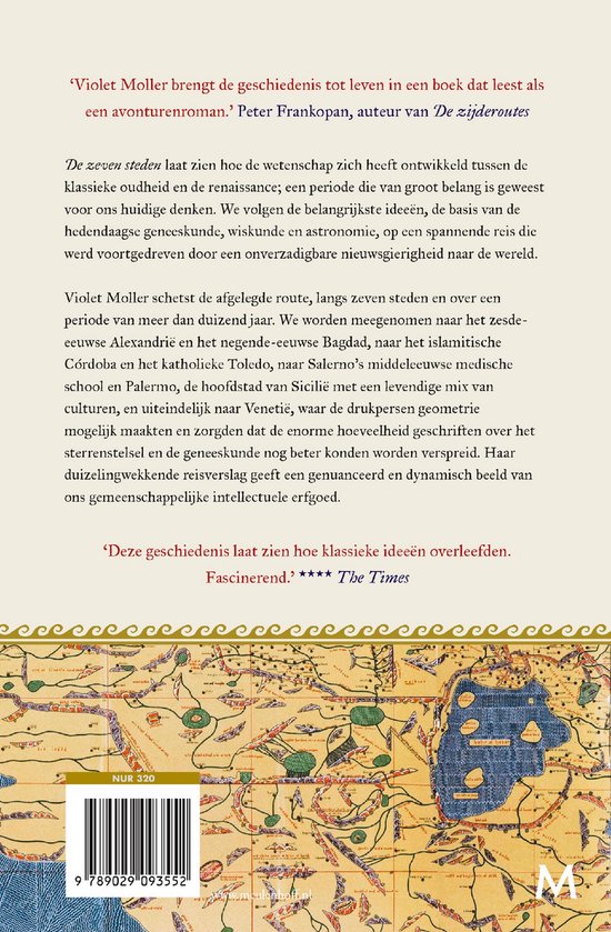 Achterkant van het boek met recensies, ISBN en historische kaarten.