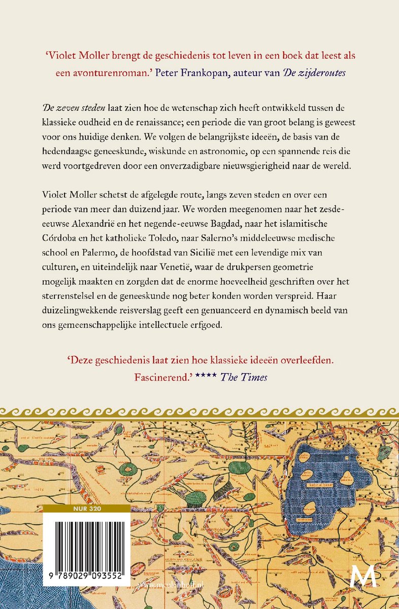 Achterkant van het boek met recensies, ISBN en historische kaarten.