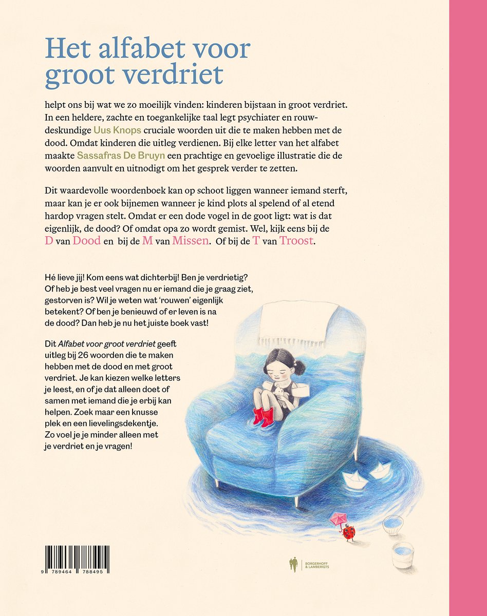 L'alphabet pour le grand chagrin, texte et illustration d'une fille dans un fauteuil.