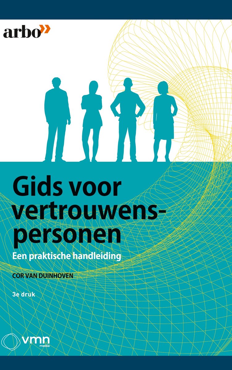 Gids voor vertrouwenspersonen, een praktische handleiding. Silhouetten van vier personen op een blauwe achtergrond met gele lijnen.