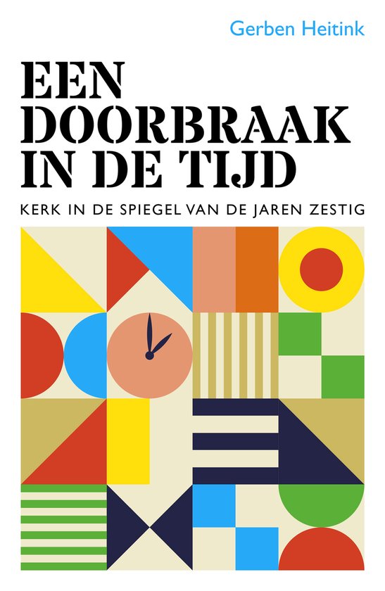Couverture de livre avec le titre 'Een doorbraak in de tijd' et des formes géométriques abstraites de couleurs vives.