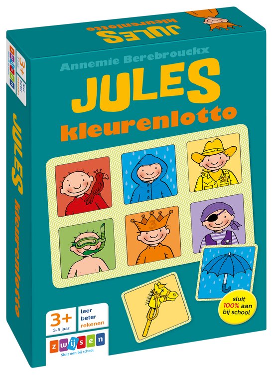 Doos van het spel Jules Kleurenlotto. Op de voorkant staan 6 afbeeldingen van kinderen en 2 losse kaarten.