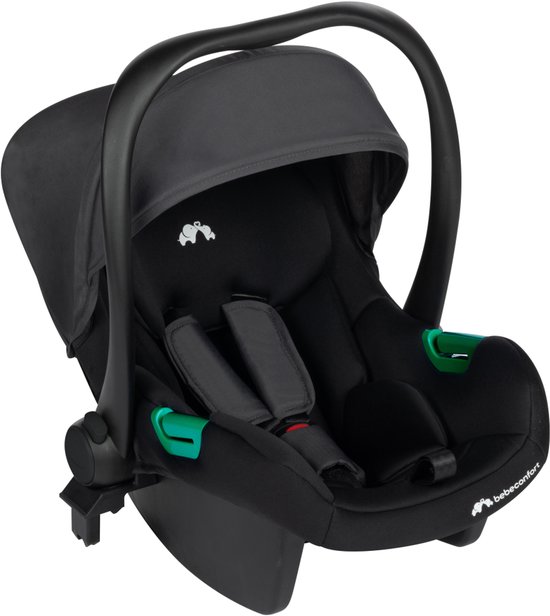 Zwart 'baby comfort' autostoeltje met een draagbeugel, riempjes en groene gespen.