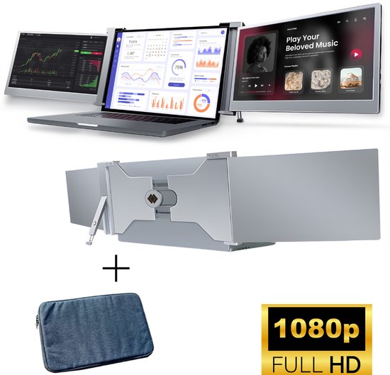 HoriVue Portable Monitor Max 13.3 Inch - Full HD 60Hz - Draagbare Monitor - Laptop Scherm Uitbreider - Inclusief Beschermhoes en Kabels - Tri Screen - Grijs