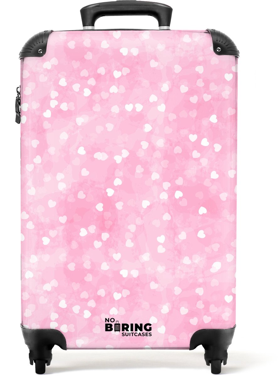 NoBoringSuitcases.com - Koffer - Roze glitter hartjes - Past binnen 55x40x20 cm en 55x35x25 cm - Trolley handbagage - Valiezen met wieltjes volwassenen - Reiskoffer op wielen - Rolkoffer lichtgewicht