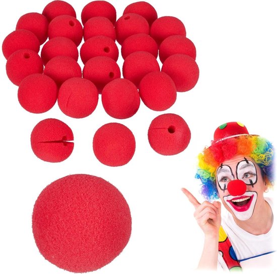 Een grote groep rode schuimrubberen neuzen met een paar losse exemplaren en een clown met regenboogpruik.