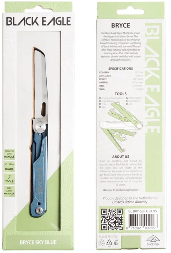 Verpakking van Black Eagle Bryce Sky Blue multitool met afbeelding van gesloten mes en specificaties.