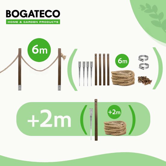 BOGATECO Houten hek met jute touw, 18 m, 13 verschillende lengtes, montageset inclusief bodemhuls met plugplaat BOGATECO Houten hek met jute touw, 18 m, 13 verschillende lengtes, montageset inclusief bodemhuls met plugplaat