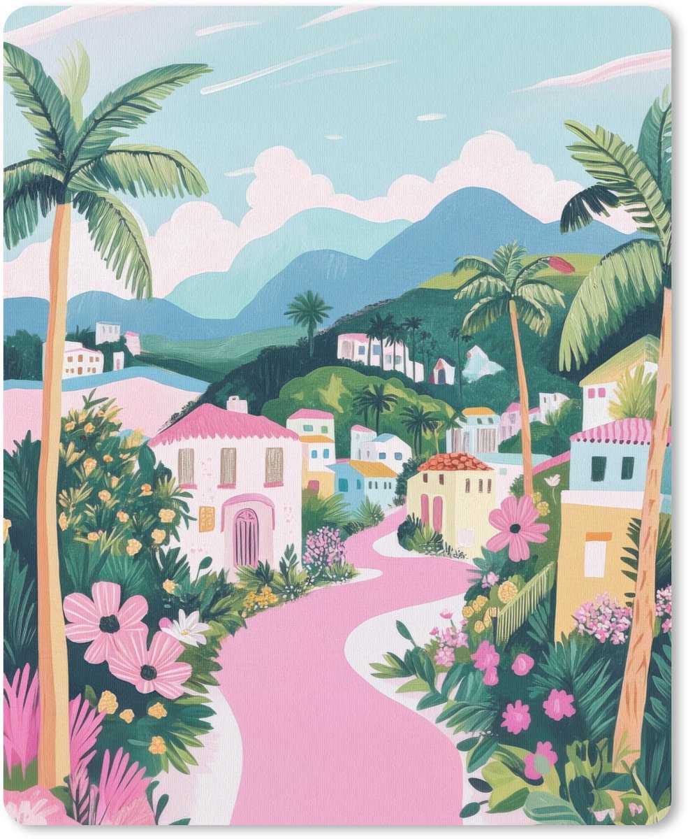 Muismat 19x23 cm - Mousepad Kleurrijk - Huizen - Heuvels - Roze - Muismatten