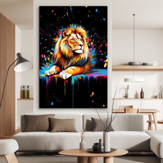 Aluminium schilderij 100x150 cm - Wanddecoratie metaal - Leeuw - Kleurrijk - Spetters - Metalen muurdecoratie woonkamer - Decoratie industrieel - Foto op dibond - Industriële accessoires slaapkamer