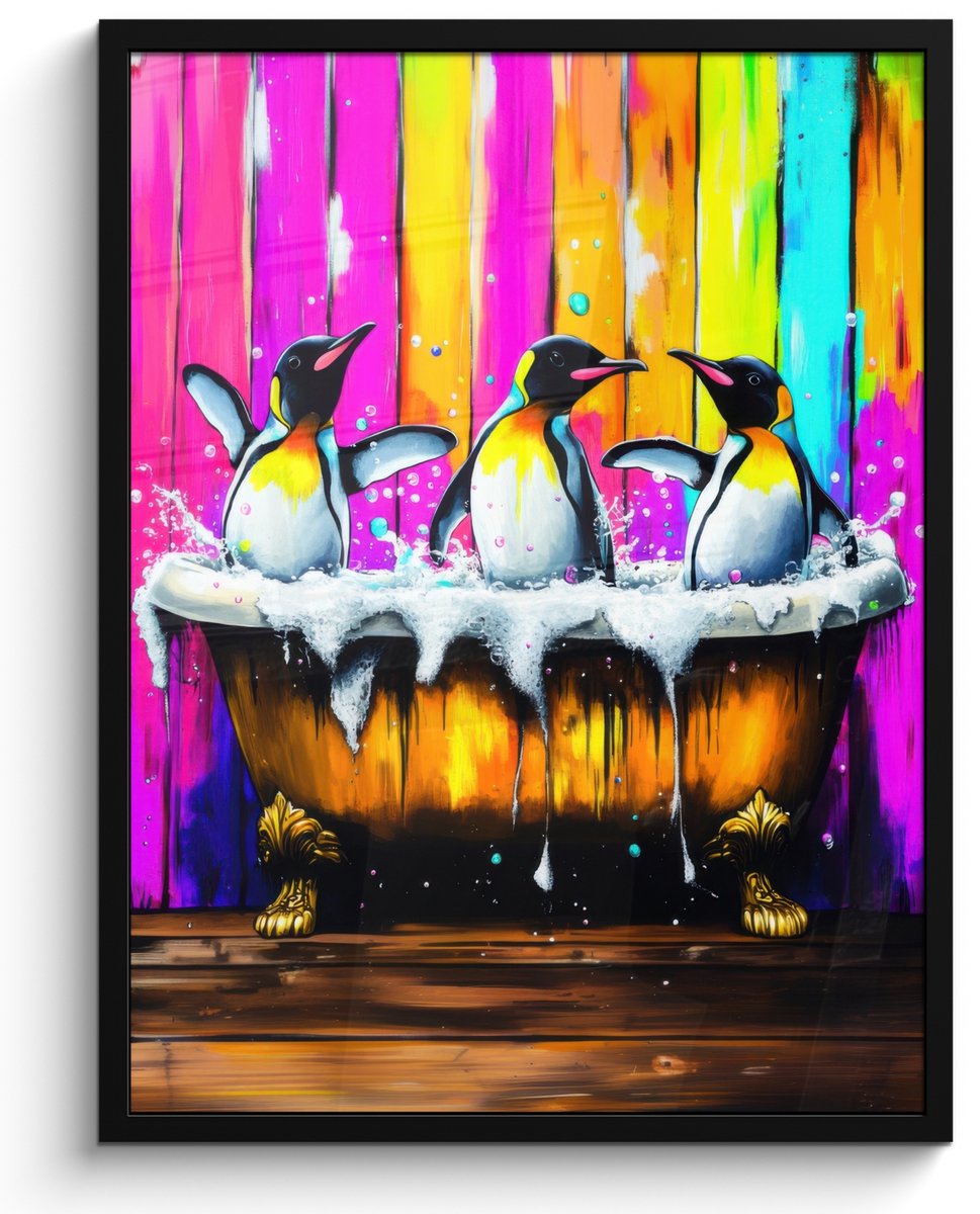 FrameYourWall Poster in lijst - Fotolijst 60x80 cm - Posters - Pinguïns - Badkuip - Kleurrijk - Schuim - Posterlijst zwart - Decoratie - Wanddecoratie woonkamer - Muurdecoratie slaapkamer