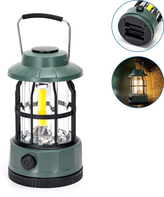 Noodlamp met Handvat - LED Tentlamp op Batterijen (exclusief) - Warmwit licht - Groene body - Dimbaar - Camping & Noodverlichting