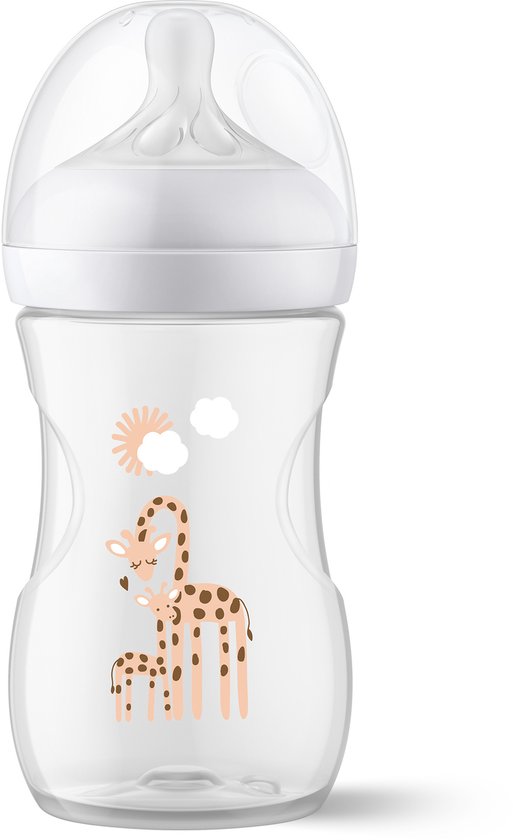 Transparante Philips Avent babyfles met giraffenfamilie-opdruk, zonnetje en wolkjes.