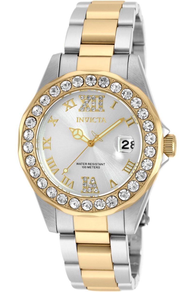 Invicta Pro Diver 20215 Dames Horloge - Waterdicht - Analoog - Quartz Uurwerk - Roestvrij Staal met zilveren Wijzerplaat - 38mm
