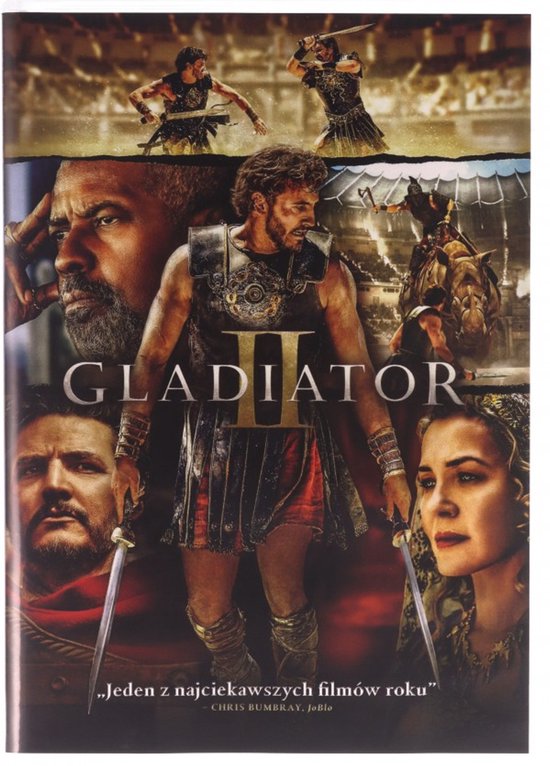 DVD-hoes van Gladiator II met een gladiator in het midden, omringd door afbeeldingen van andere personages, met een citaat van Chris Bumbray.