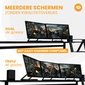Twee schermen naast elkaar met 4K @144Hz, en drie schermen onder elkaar met 4K @60Hz. Tekst: Meerdere schermen zonder kwaliteitsverlies, MST Daisy Chaining compatibel.