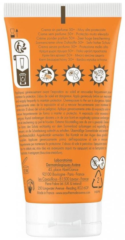 Achterkant van Avene zonnebrandcrème met instructies en ingrediënten.