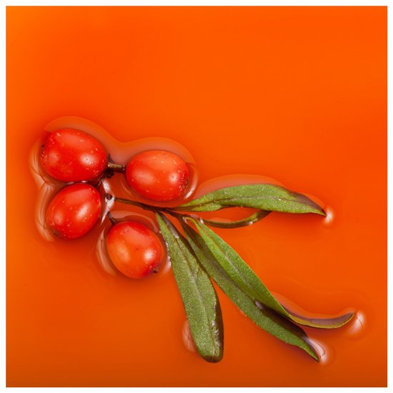 Takje met vier oranje bessen en groene bladeren drijvend in oranje vloeistof.