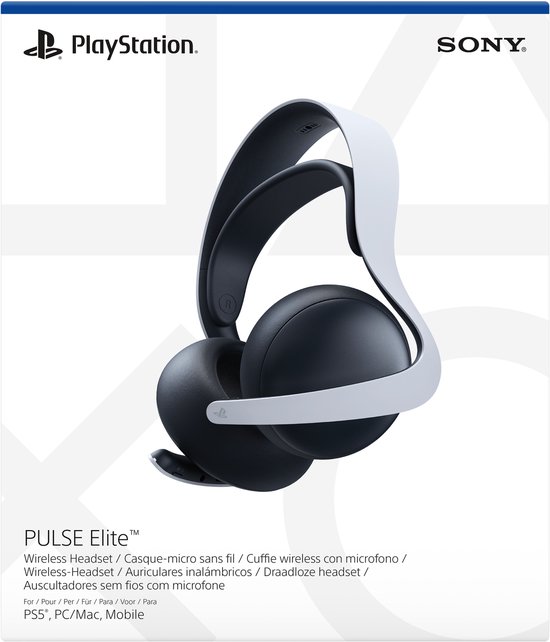 De Pulse Elite draadloze headset in een witte doos met PlayStation en Sony logo's.