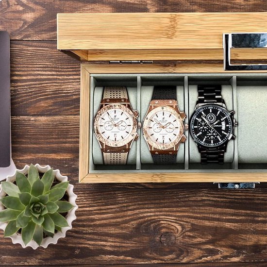 ProCase Horlogedoos voor mannen, 6 sleuven horloge vitrine met lade, heren horlogekast met glazen deksel, 2-laags sieraden en horlogeopslag horlogehouder organizer voor mannen vrouwen -6 sleuf, zwart