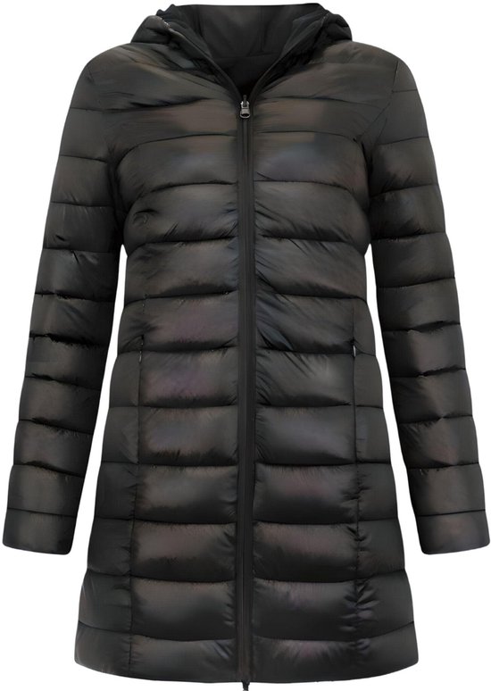 Puffer Jas Dames - Lange Winterjas Dames met Capuchon - Slim Fit - 2161 - Zwarte jas