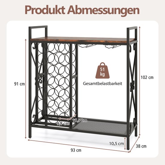 COSTWAY Wijnrek met glazen houder en planken, 3 niveaus, flessenrek met stopcontacten, voor 21 wijnflessen, industriële en vrijstaande wijnkast voor thuis, keuken, bar, 120 x 40 x 92 cm (grijs