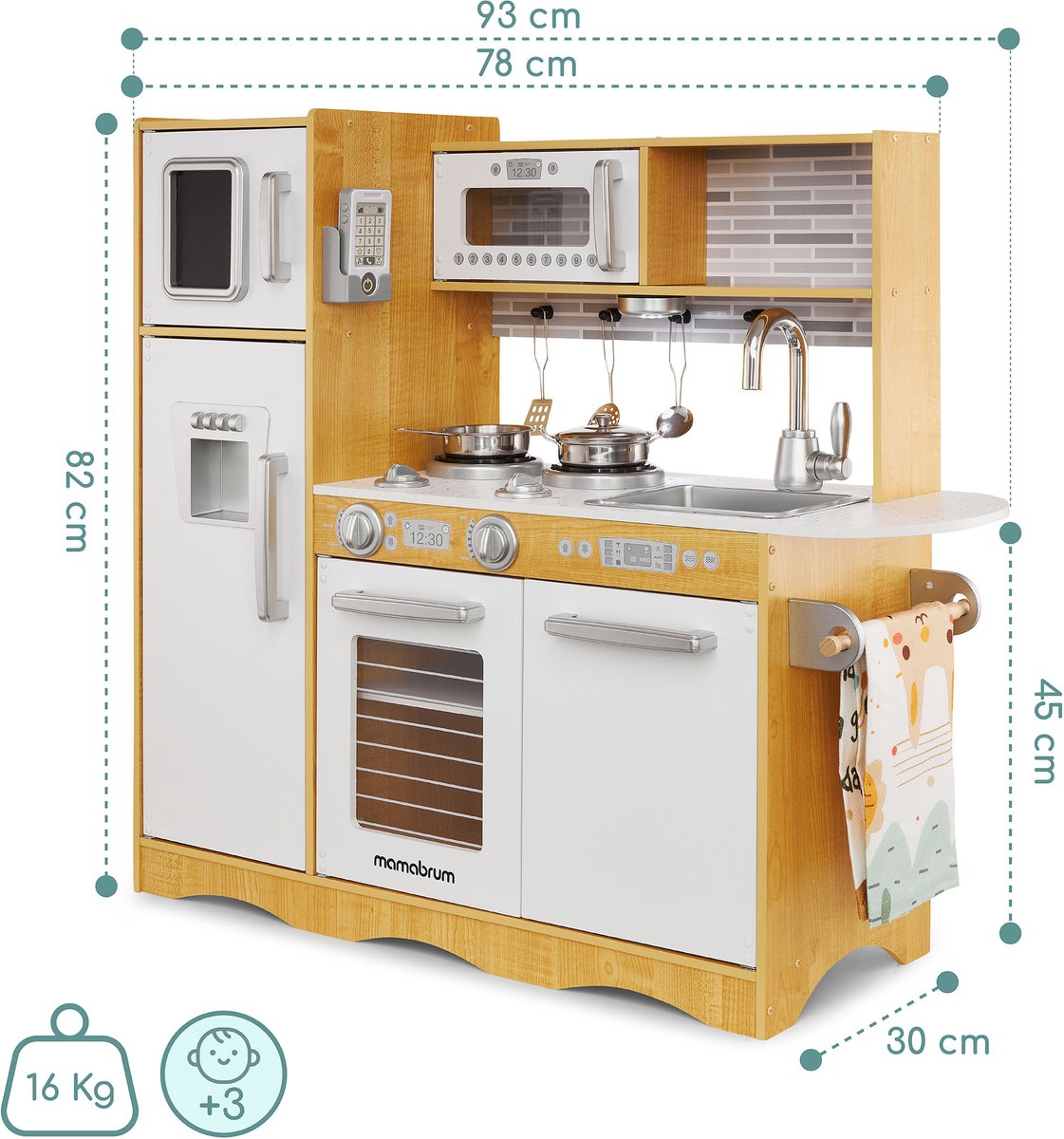 Mamabrum Houten Speelgoedkeuken XL - Kinderkeuken met accessoires - Speelgoed keuken incl pannenset, keukengerei, keukenschort, keukenset - Speelkeukentje voor kinderen vanaf 3 jaar — afbeelding 17