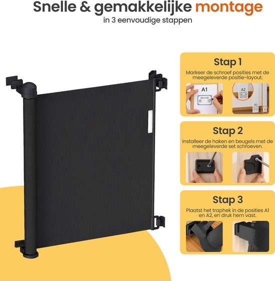 Zwart oprolbaar veiligheidshekje met driestappen montage-instructies.